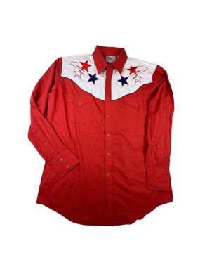 ELY Diamond Western Shirt Red White Blue Stars Cowboy Snap Button Large